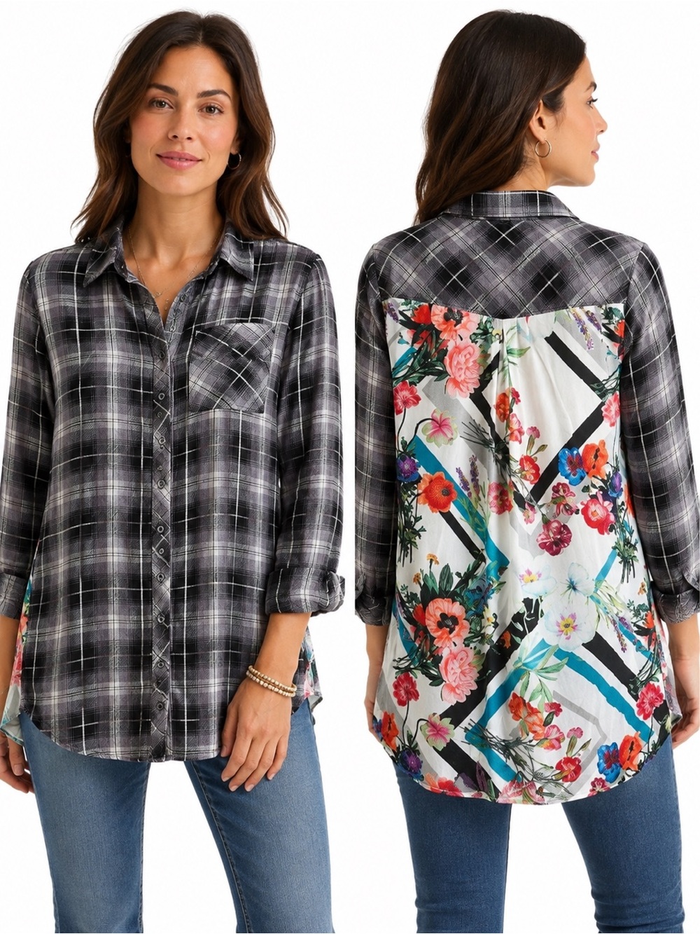 Tolani Women's Black & Gray Plaid Button Front Mixed Back Print Shirt Medium